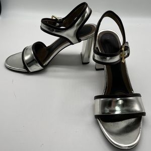 Marni Silver Metallic Black Trim Patent Leather Open Toe Block Heel Sandal sz 37